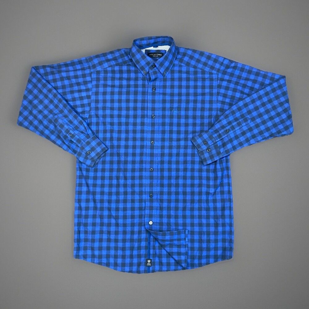Ariat Pro Series Shirt Mens Small Button Down Blue Plaid Casual Western Rodeo
